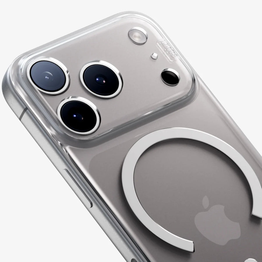 Close-up of a clear PhoneBack and its MagSafe ring on an iPhone